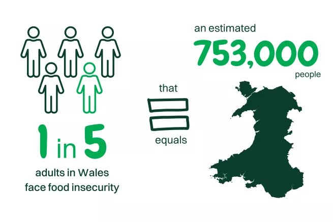 A graphic presenting the proportion of adults in Wales facing food insecurity.
