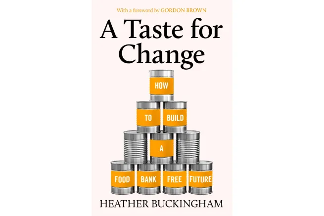 Tins of food stacked on each other with labels reading the subtitle of the book