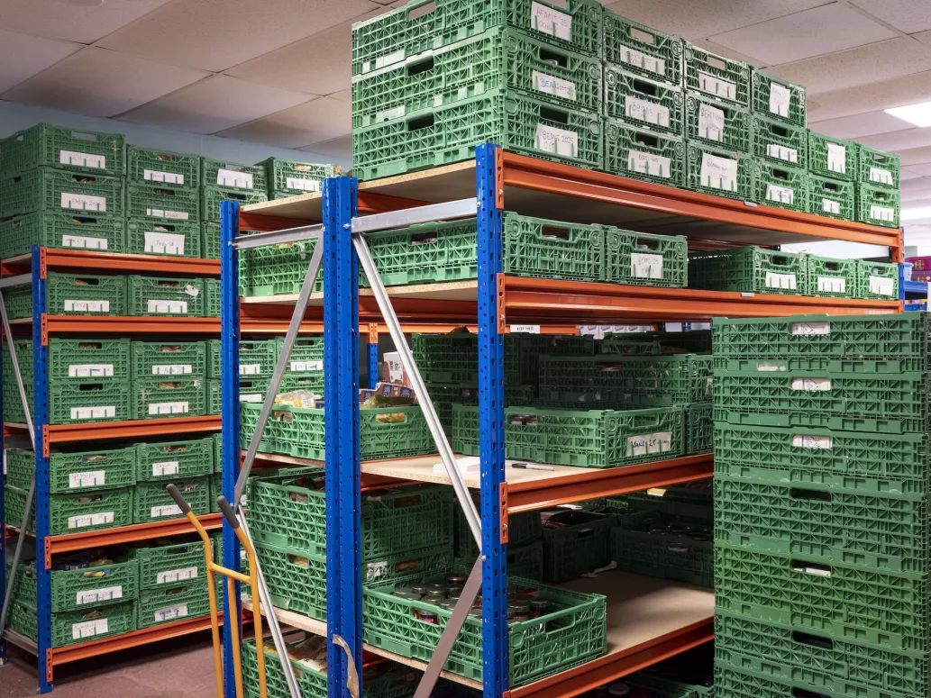 Lisburn food bank stacked containers in the warehouse