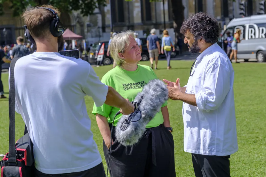 Emma Revie being interviewed outside Westminster