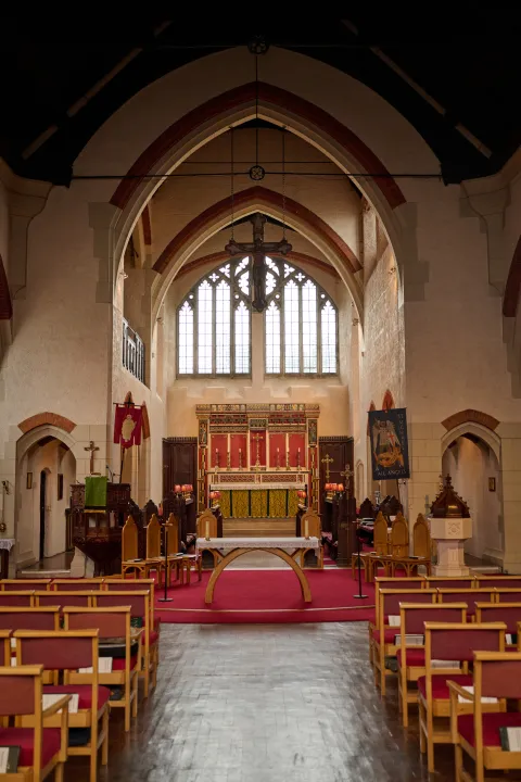 A long shot view of a church altar.